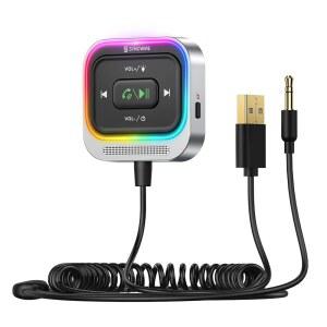 SYNCWIRE BLUETOOTH 수신기 5MM AUX 자동차 어댑터 키트 코일 케이블 포함 대형 마이크 노이즈 캔슬링 핸즈프리 통화 하이파이 베이스 컬러풀 라이트 스위치