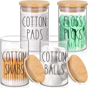 뚜껑 세트가 포함된 4팩 큐팁 홀더 10온스 투명 유리 용기 약병 욕실 정리함 및 보관 액세서리 면봉 치실