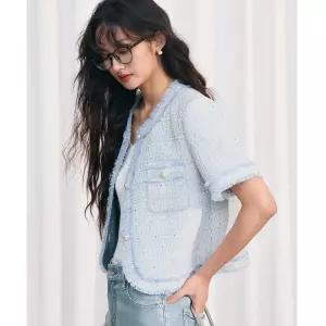 마킷5 여성 하프코트 여름코트 여름 프렌치 빈티지 샤오샹 블루 트위드 핸드메이드 기모 반팔 코트 JEN2