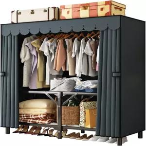 커버가 있는 접이식 옷걸이 휴대용 옷장 회색 천 금속 스탠드형 아르무아르 원피스 베이스 침실용 25MM