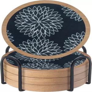 홀더가 있는 우드 코스터 4종 세트 음료용 세비루 컵 매트 커피 테이블 보호용 펠트 인서트가 흡수 모던