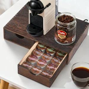 QYJinlida 우드 K 컵 정리함 커피 포드 보관함 및 티백 홀더 서랍 메이커 스탠드 가정용 주방 카운터 최대