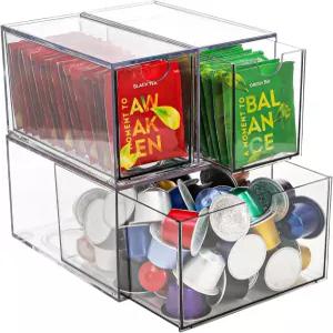 야룽 3팩 커피 포드 정리 티백 홀더 투명 아크릴 K 컵 박스 쌓기 가능한 바 서랍 용기 캐비닛 조리대