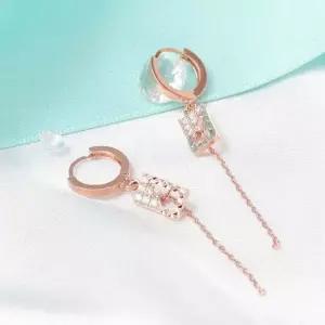 14K 금침 로즈골드 원터치링 스퀘어 체인 드롭 귀걸이