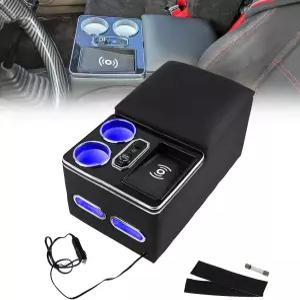 무선 충전 및 컵 홀더가 있는 룰라인 센터 콘솔 암레스트 정리함 카 미니밴 트럭 SUV용 LED 벤치 시트 밴