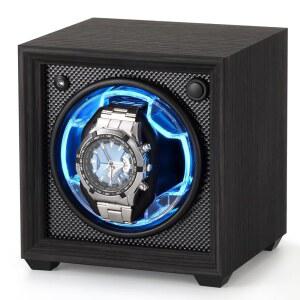 자동 시계용 이실리 싱글 워치 와인더, 시계 설정, 모터 회전 애호가를 남성용 위한 모드 2 오토 와인더 박스, 스타트 조용한 라이트, 선물 스톱 탄성 베개, 블루