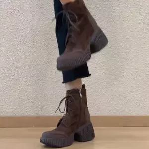 샤오원샵 빈티지 여친 앵클부츠 소가죽 가죽 라운드 옆 키작녀 버전 리얼 스트랩 지퍼 머리 워커힐 키높이 워커 꾹5