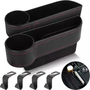 카시트 갭 정리함 2세트 카 충전기 보관함 컵 홀더 4개가 있는 PU 가죽 앞좌석 콘솔 사이드 포켓백