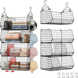 자토커다르 4단 걸이식 옷장 정리함 칸막이가 있는 대형 수납 선반 5S 후크가 와이어 옷 걸 수 정리함-블랙