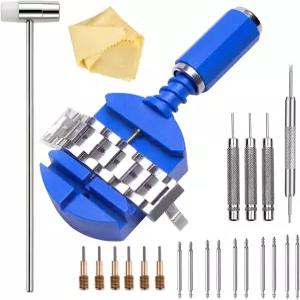 렌페스티아 시계 밴드 링크 제거 도구 키트 6개 교체 핀 포함 및 3개 펀치 1개 헤드 해머 스프링 바 스트랩