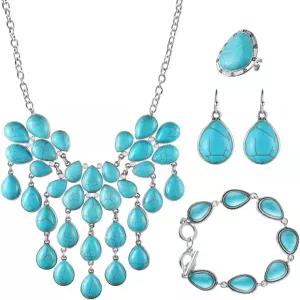 JMScape 여성용 4PCS 웨스턴 터쿼이즈 주얼리 보호 빈티지 나바호 진주 목걸이 귀걸이 팔찌 반지 세트