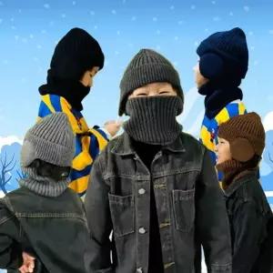 두꺼운 목도리 심플하고 따뜻한 일체형 귀달이 미니 모자 세트