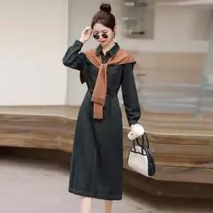 EAMT 여자 원피스 치마 가을 캐주얼 데님 청치마 긴팔 숄 셔츠 배 EUNG3