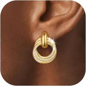 여성용 귀걸이 14K 골드 도금 청키 클립 매듭 링크 실버 라인스톤 후프 장신구