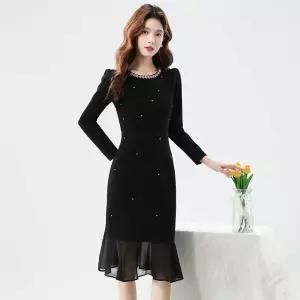 스파이더맨 원피스 스커트 여성용 가을 슬림핏 큐빅 쉬폰 머메이드 OPH3