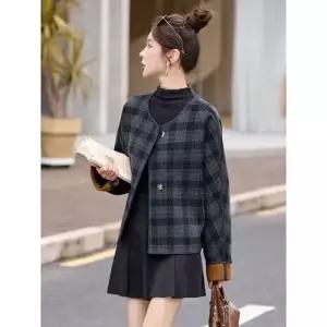 엘럽 여친 하프 모직 빈티지 가을 코트 프렌치 라운드 체크 상의 원템3