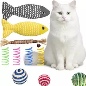 JMTSONS 고양이 장난감 세트 캣닙 피쉬 2개 천연 실 스틱 4가지 컬러 스프링 로프 볼 실내 위한 8피스