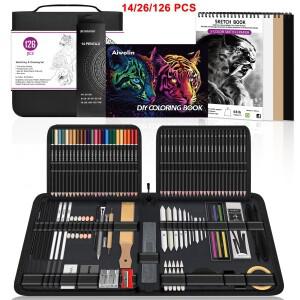 14/26/64/126개 드로잉 키트 스케치 연필 세트 3색 흑연 목탄 블렌딩 도구가 포함된 미술 용품