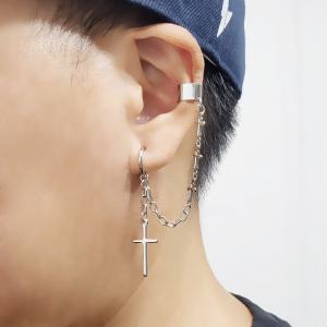 ME008 귀걸이 귀찌 피어싱 드롭 귀안뚫는 십자가 체인 티탄침 남자귀걸이 남녀공용