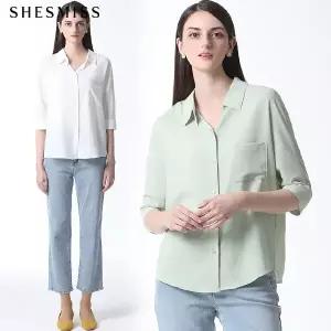 [쉬즈미스][쉬즈미스(SHESMISS)] 오픈 카라넥 시스루 셔츠 (택가격 118000원)