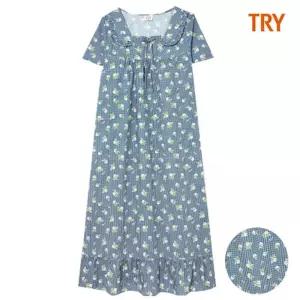 홈란쥬 트라이 여성 아사 나염 면100% 반팔 원피스 잠옷 J06