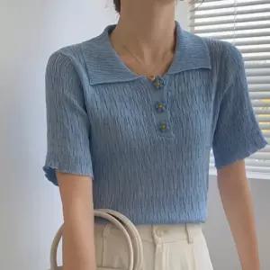 ONM 데이지 버튼 골지 카라 니트 반팔티 러블리 슬림