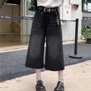 ONM 하이웨스트 블랙 와이드 데님 팬츠 7부 기장