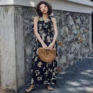 ONM 여성용 긴 쉬폰 원피스 해변 휴가 민소매 원피스