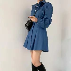 ONM 여성 카라 단추 퍼프 소매 미니 원피스