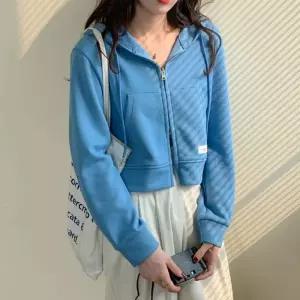 ONM 여성반팔 얇은 투지퍼 후드 티셔츠 크롭 집업 베