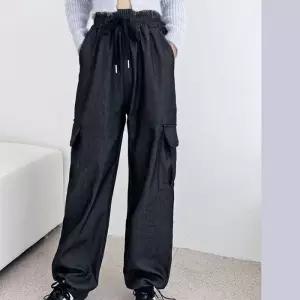 ONM 데님 여성 카고 팬츠 스트링 기모 여자 밴딩 바