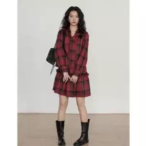 빈티지 체크무늬 원피스 캐주얼 데이트 가을겨울 빅사이즈