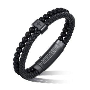 남성용 크리스천 크로스 블랙 가죽 신앙 줄 주얼리 기독교 오닉스 구절 가능한 이중 땋은 비즈 뱅글, 아가테 성경 밴드 손목 조절 팔찌, 선물 팔찌