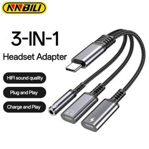 NNBILI 3 in 1 PD 60W 고속 충전 어댑터 (16 15 용) C타입 to 듀얼 C타입/3.5mm 잭 오디오 헤드폰 케이블
