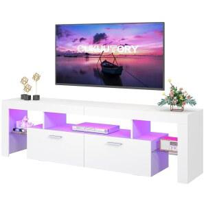 클리쿠로컬 모던 라이팅 63인치 TV 스탠드, 대형 수납 서랍이 있는 50개의 55, 60, 65, 70, 75인치 TV, 20개의 컬러 LED 조명이 콘솔, 엔터테인먼트 센터 미디어, 침실용 오픈 선반, 흰색