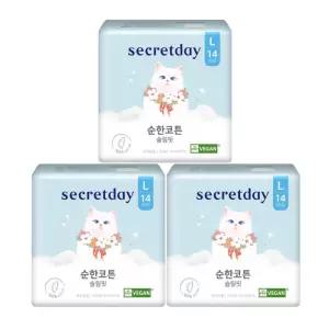 시크릿데이 순면커버 순한코튼 슬림핏 생리대 대형 14개 x 3팩