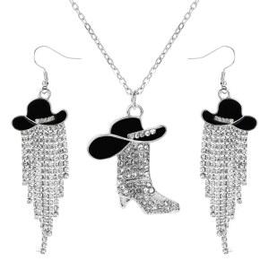 Yuunheg 2pcs 여성용 카우걸 액세서리 스파클 웨스턴 태슬 귀걸이 및 카우보이 부츠 목걸이 세트, 와일드 웨스트 테마 파티 컨트리 뮤직 페스티벌용