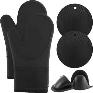 컬러 실리콘 오븐 장갑으로 요리하기 부드러운 퀼팅 안감 냄비 홀더와 바비큐 블랙 세트