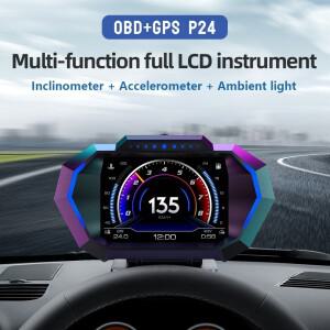 OBD  GPS P24 HUD 자동차 헤드업 디스플레이, 온보드 컴퓨터 디지털 속도계, 수온 연료 소비 경사 계량기