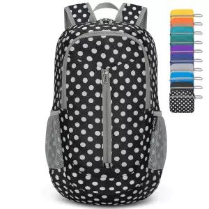 ZOMAKE 초경량 패커블 백팩 25L - 접이식 하이킹 방수 소형 데이팩 여행용 (블랙, 화이트 물방울 무늬) 179