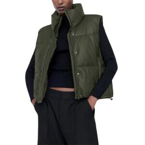 아일로칭 여성 인조 가죽 패딩 조끼 집업 민소매 겨울 크롭 재킷