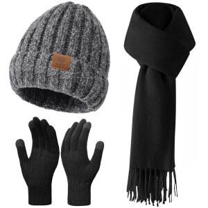 여성 겨울 모자 비니 롱 스카프 터치 스크린 장갑 세트 여성/남성 겨울용 니트 플리스 안감이 있는 따뜻한