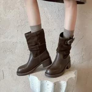 여친 마이야르 웨지힐 버클 소가죽 가능 라지 둘레 조절 통굽 로우부츠 메탈 부츠 CH5