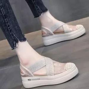 여성 키높이 통굽 샌들 레이스 시스루 슬립온 2컬러 슬립온 슬리퍼 뮬