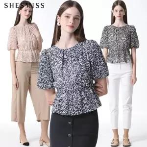 [하프클럽/쉬즈미스]플라워 프린트 허리 밴딩 블라우스