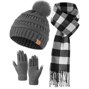 여성용 겨울 모자 장갑 스카프 세트 플리스 안감 비니 롱 및 터치스크린