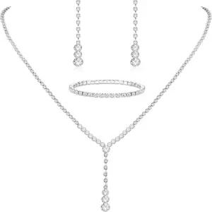 여성용 크리스탈 실버 목걸이와 팔찌가 달린 귀걸이 신부 들러리 브라이덜 결혼식 파티 주얼리 세트용