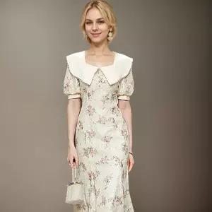 여자 데일리 쉬폰 스커트 봄 여름 프렌치 퍼프 슬림핏 프린트 레이스 롱 SPO마켓2