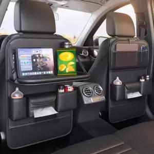 접이식 테이블 트레이가 있는 베루유 2팩 가죽 자동차 뒷좌석 정리함 태블릿 홀더가 카시트 등받이 보호대
