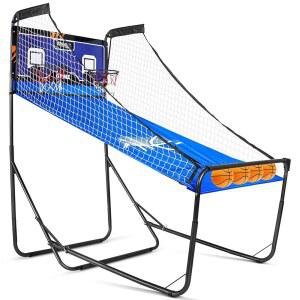 듀얼 샷 스포츠, 앞뒤로 조절 가능한 농구 아케이드 머신 u2013 접이식 실내 게임으로 홈, 헬스장, 멀티플레이어의 즐거움을 제공합니다 | 8가지 게임 모드 W / 4볼 & LE